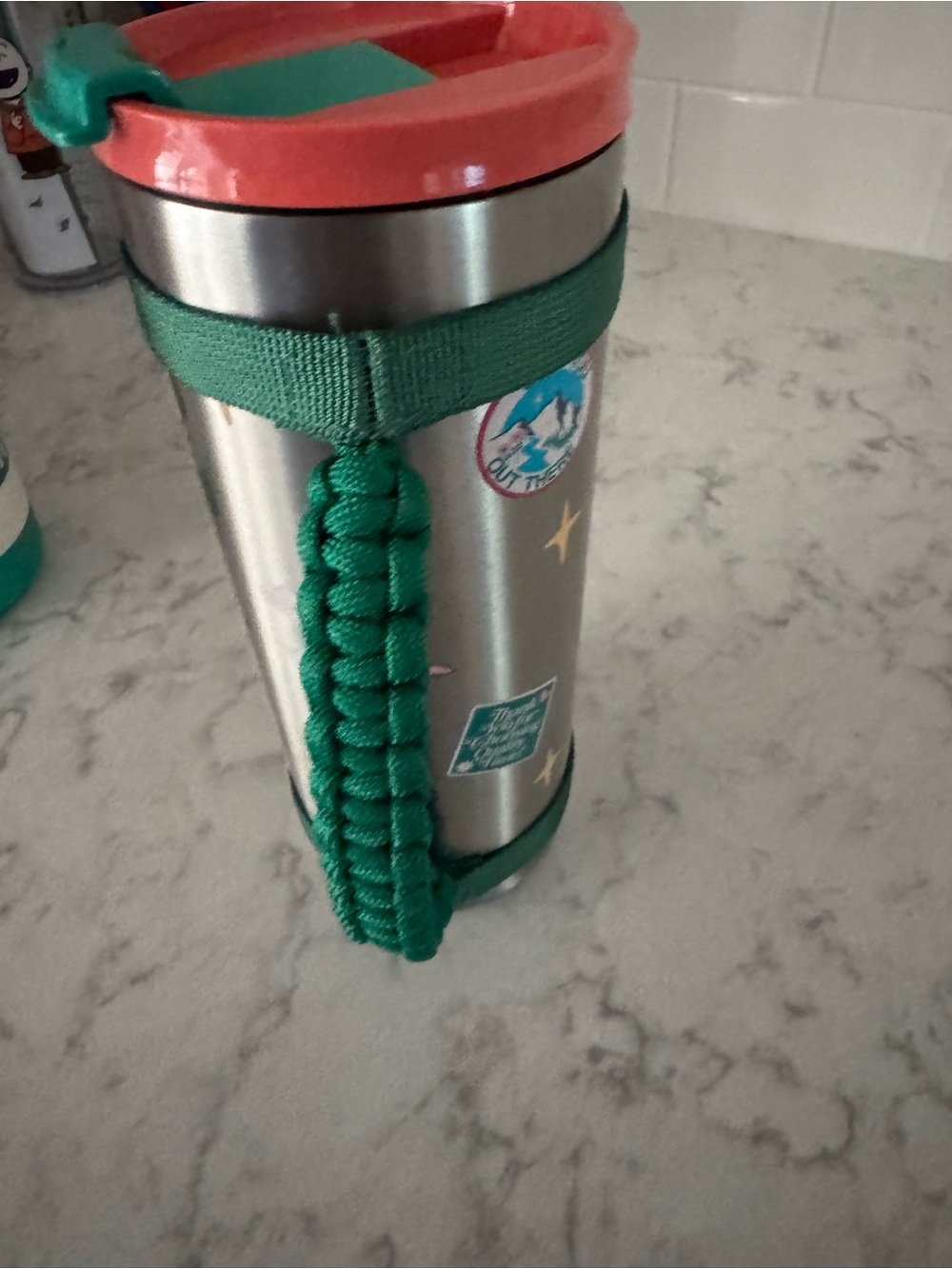 Stainless Steel Travel Mug with Green Paracord Handle and Coral Lid Starbucks